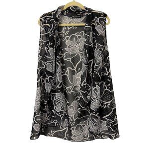 Creation Sheer Black & White Floral Sleeveless Cardigan Vest Size L Cover-Up